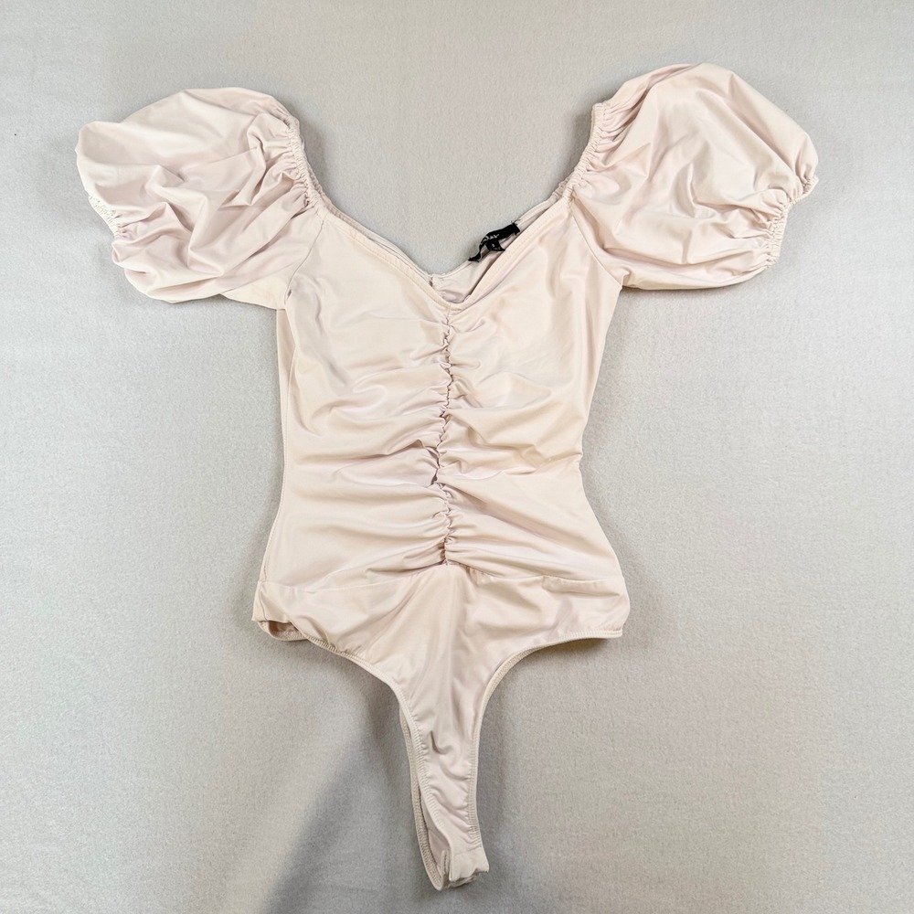 Lulus Blush Pink Ruched Puff Sleeve Bodysuit V-Neck Thong Snap Small